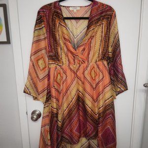 Umgee Orange Red Yellow Chevron High Low Sheer 3/4 Sleeve Dress - Size M